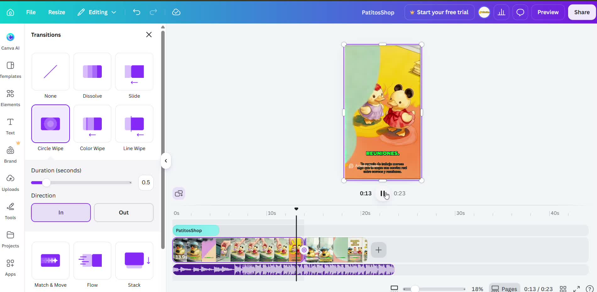Captura de pantalla — paso 5: Corta lo que no sirva y agrega transiciones