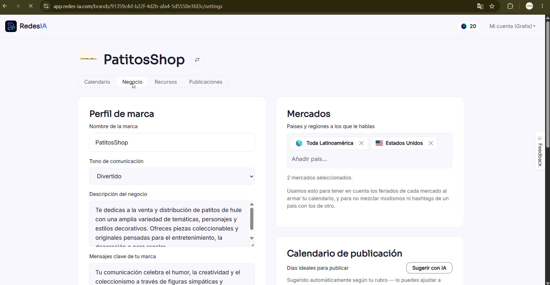 Captura de pantalla — paso 1: Negocio: tu perfil de marca y tus mercados