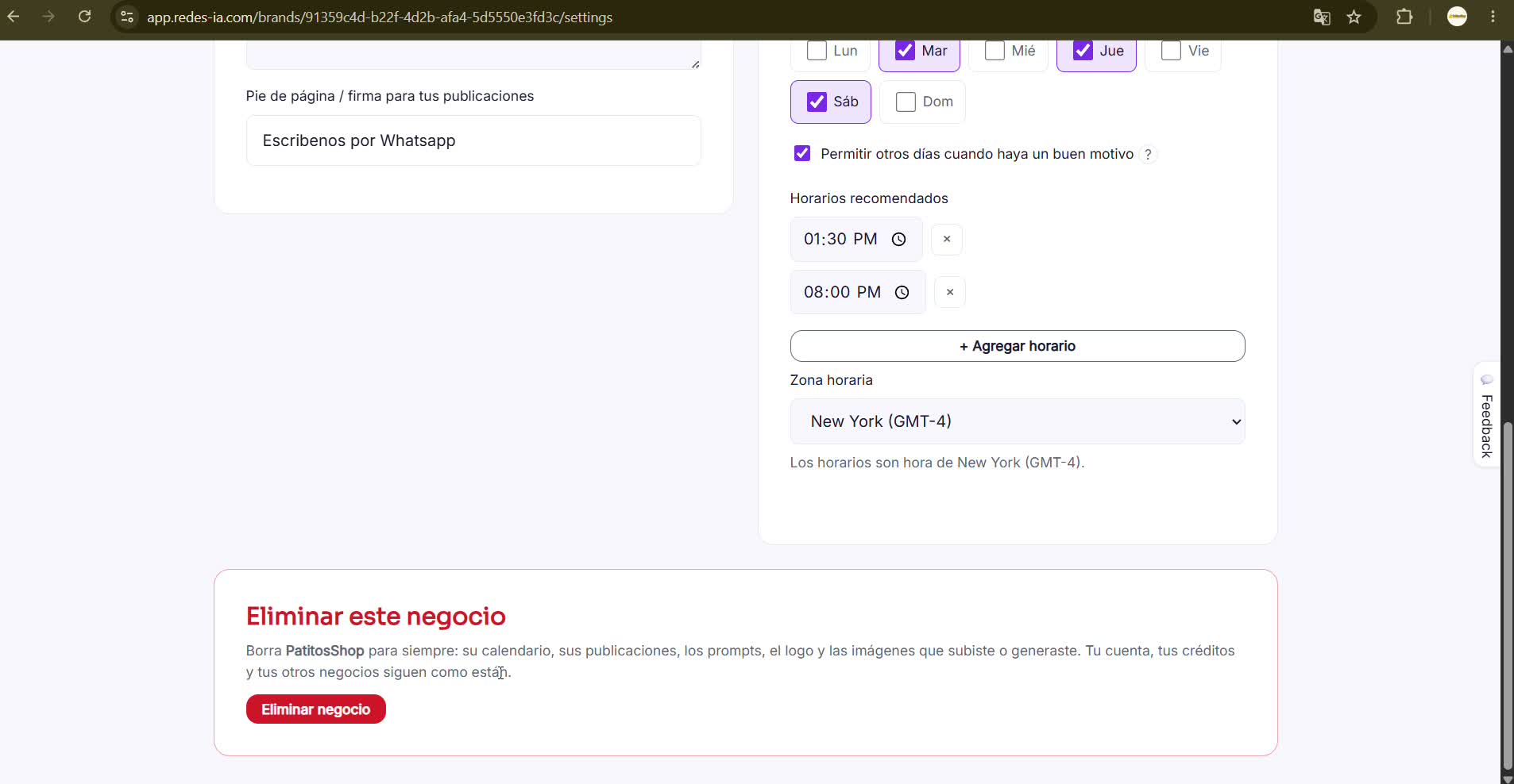 Captura de pantalla — paso 2: Tu pie de página, y los días y horarios recomendados