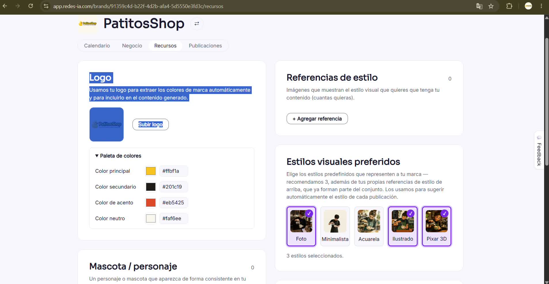 Captura de pantalla — paso 3: Recursos: tu logo y tu paleta de colores