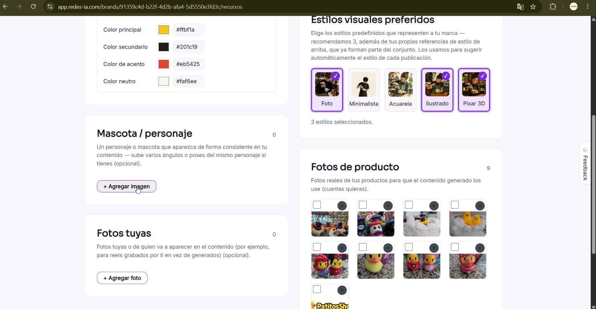 Captura de pantalla — paso 4: Mascota, fotos tuyas, estilos y productos