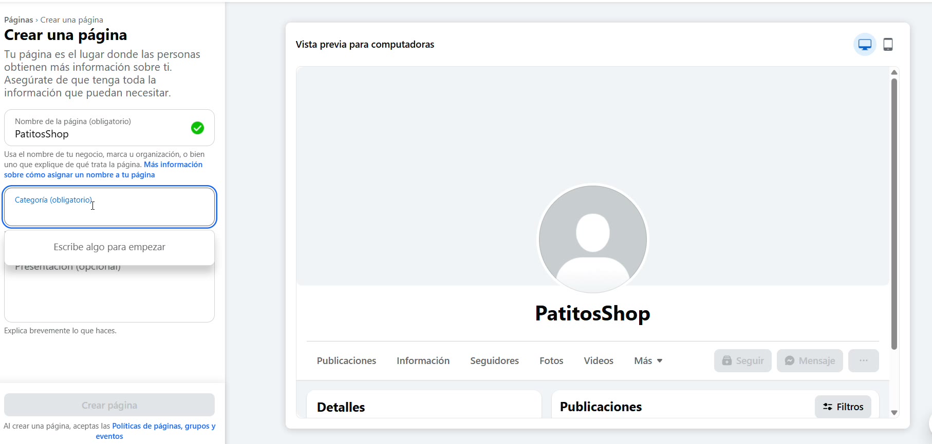 Captura de pantalla — paso 2: Ponle el nombre de tu negocio