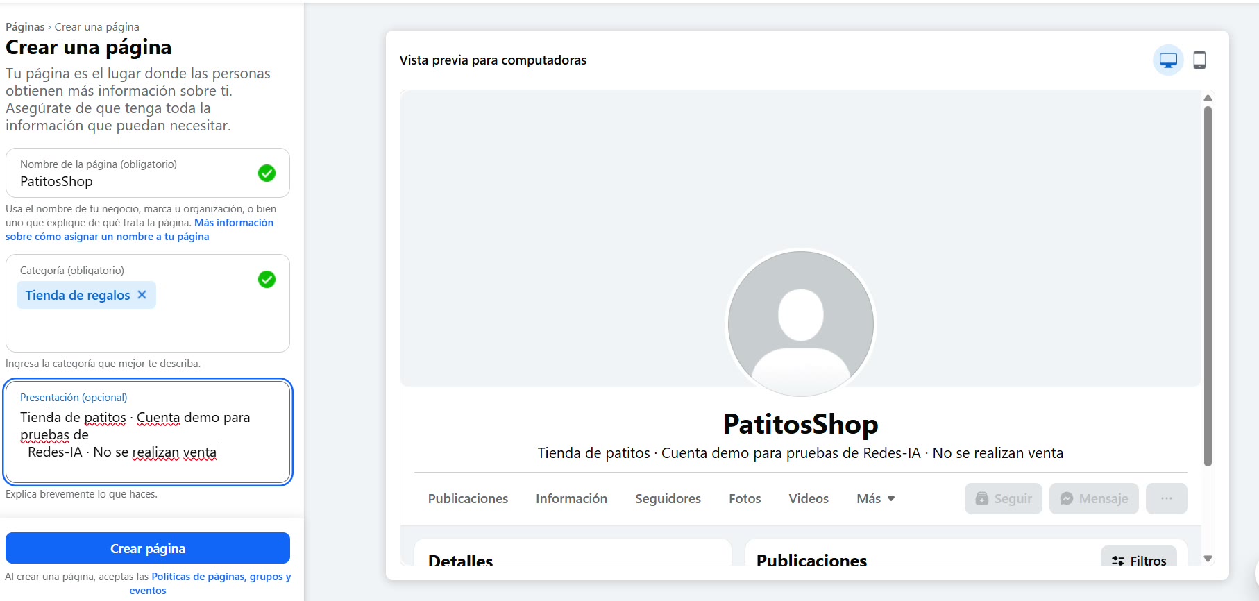 Captura de pantalla — paso 3: Escribe una descripción corta