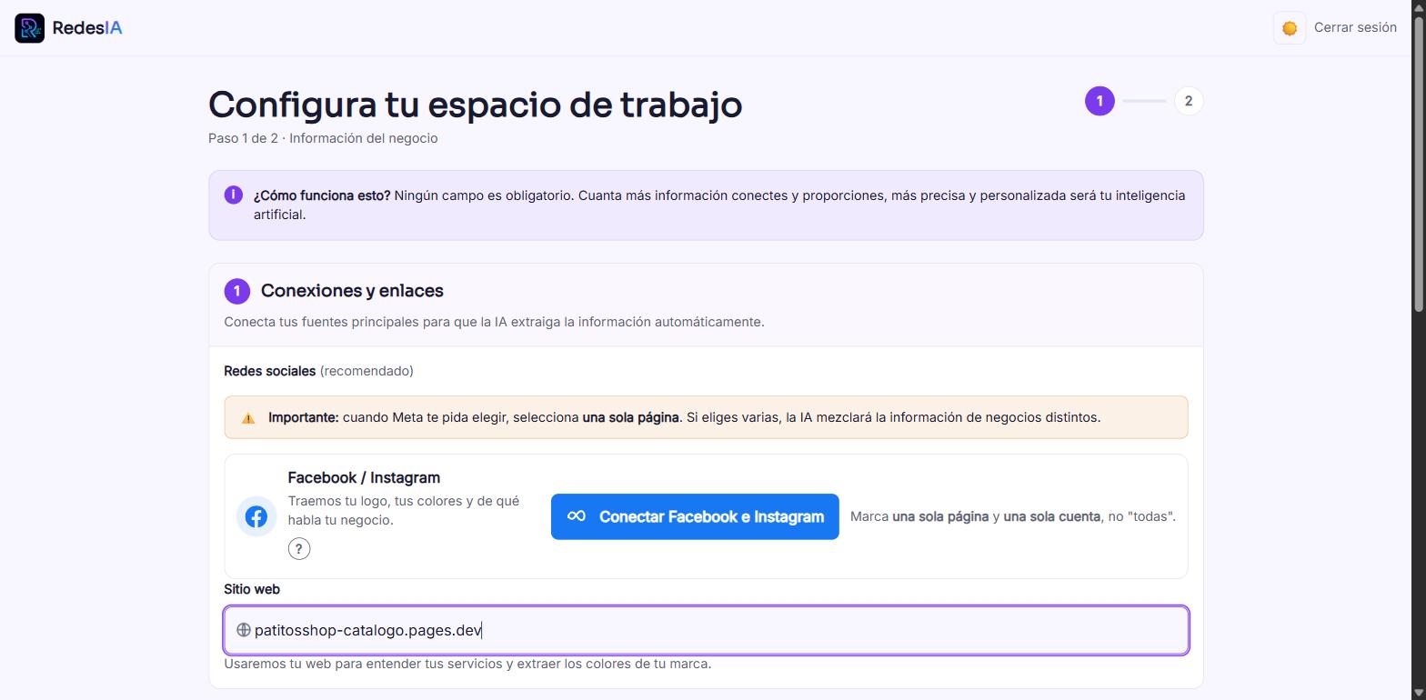 Captura de pantalla — paso 2: Conecta tus redes o tu sitio web