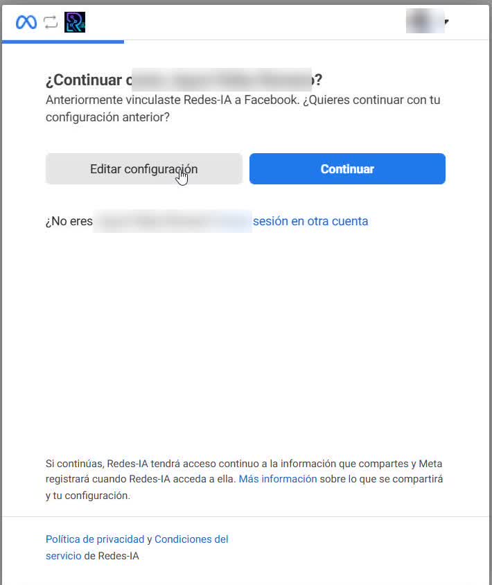 Captura de pantalla — paso 3: Esto abre sesión con tu cuenta personal de Facebook