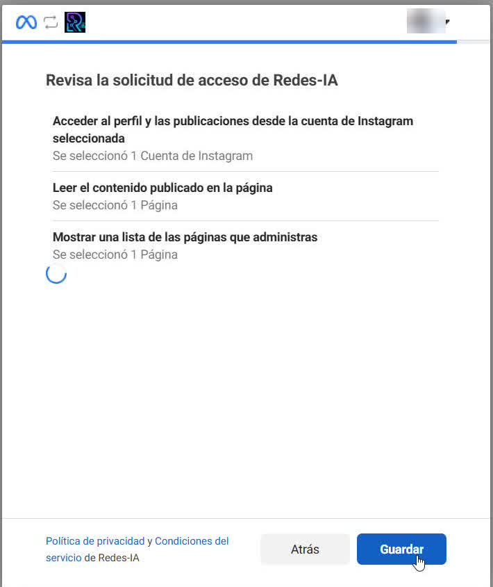 Captura de pantalla — paso 5: Confirma el acceso a Facebook e Instagram