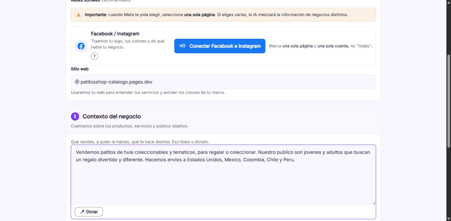 Captura de pantalla — paso 6: Cuéntale el contexto de tu negocio