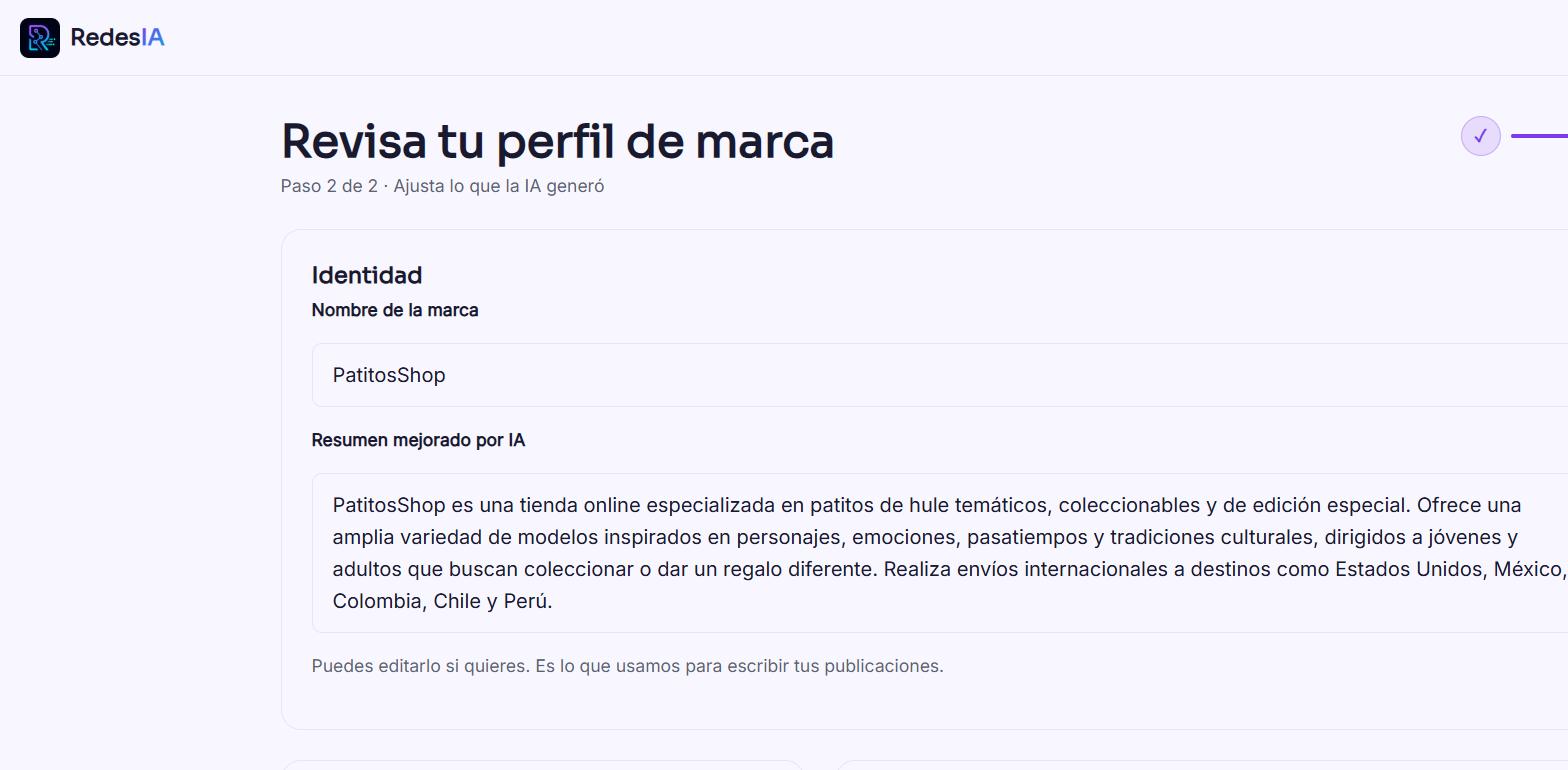 Captura de pantalla — paso 8: RedesIA genera tu perfil de marca