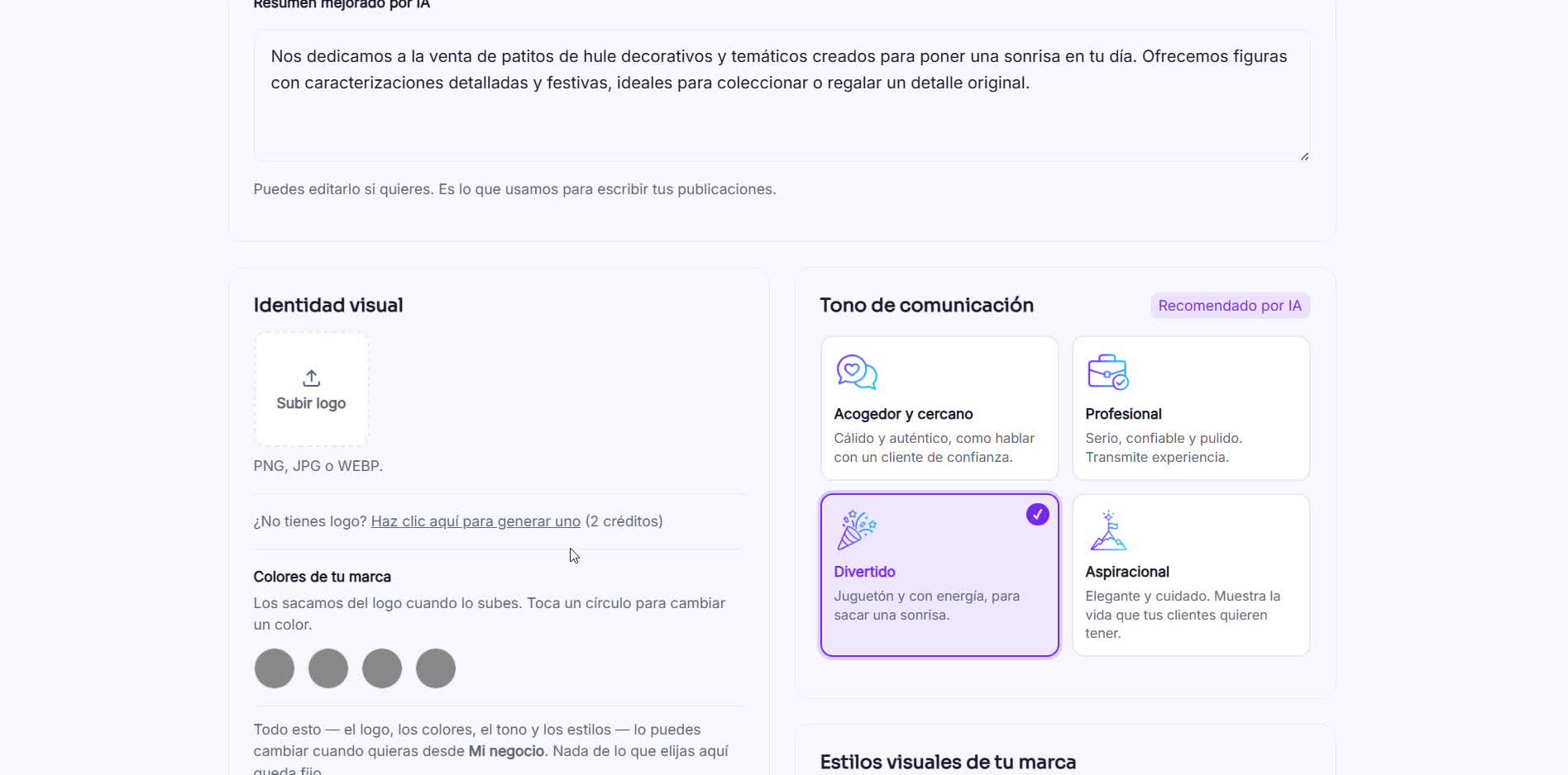Captura de pantalla — paso 3: ¿No tienes logo? RedesIA te genera uno