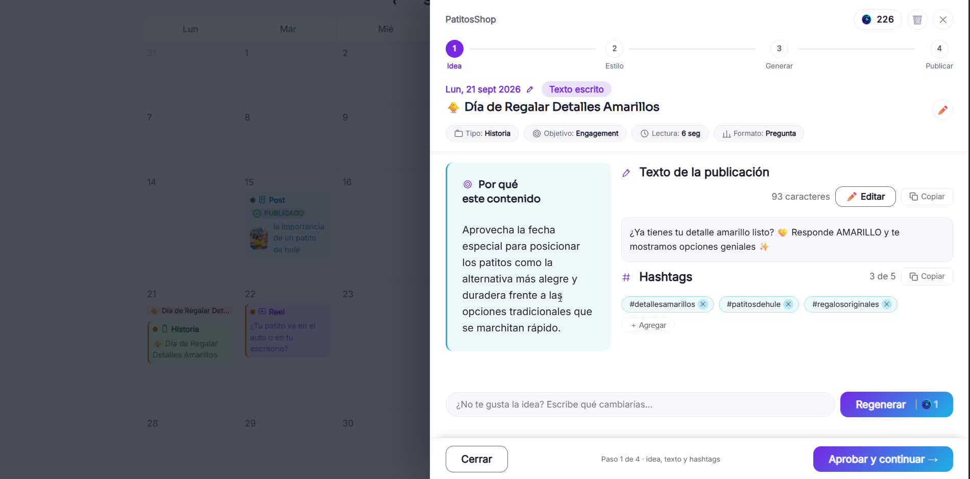 Captura de pantalla — paso 1: Abre la idea de Historia desde tu calendario