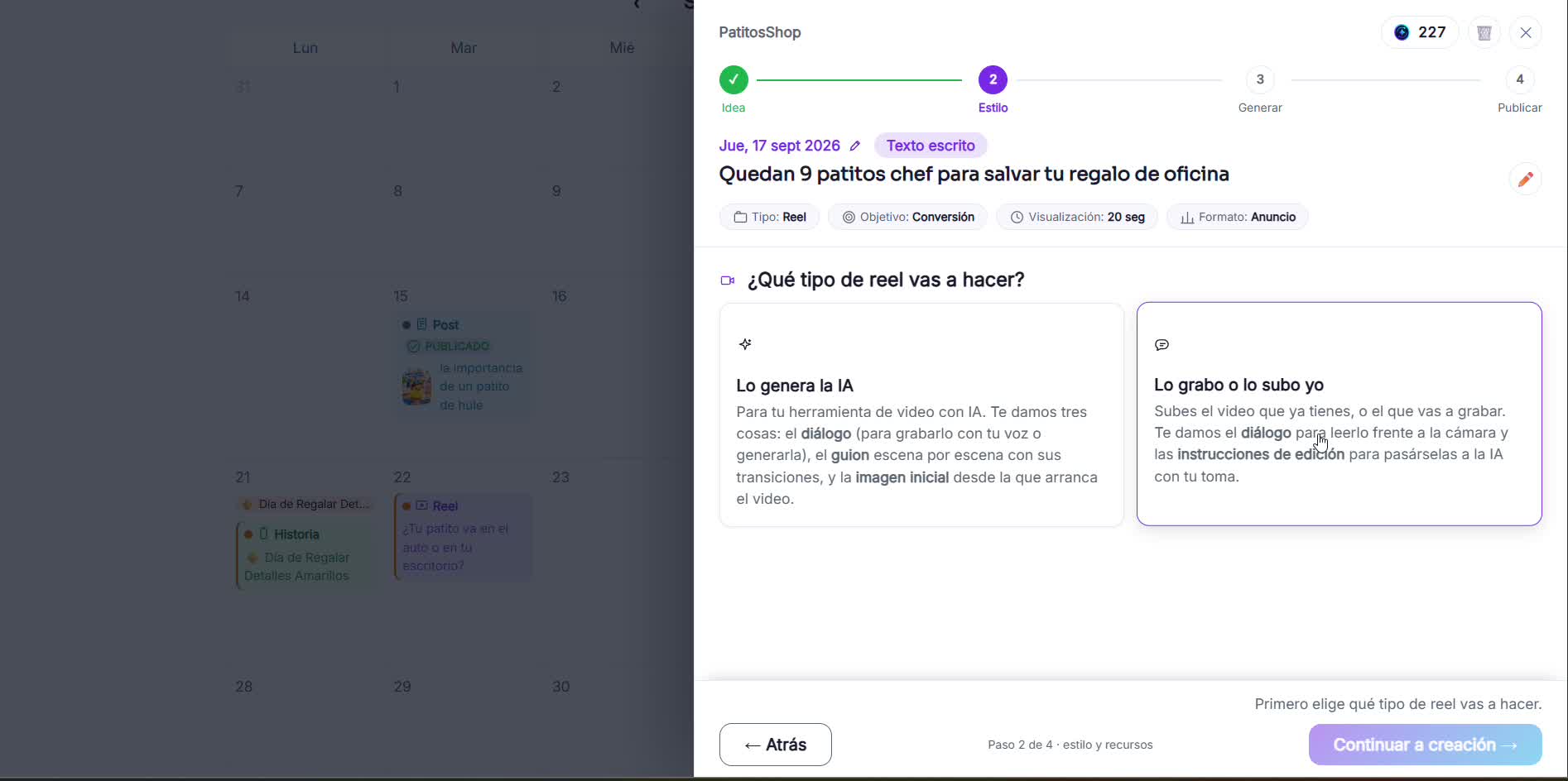 Captura de pantalla — paso 2: Elige cómo lo vas a producir