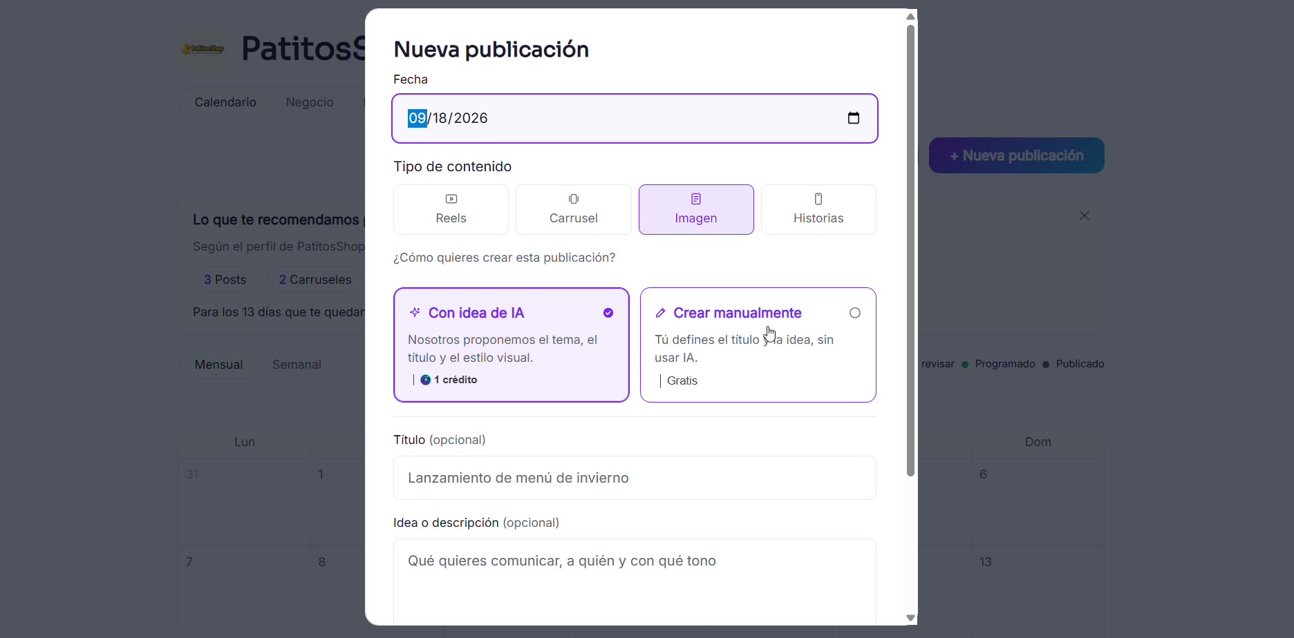 Captura de pantalla — paso 1: Abre "Nueva publicación" y elige el tipo