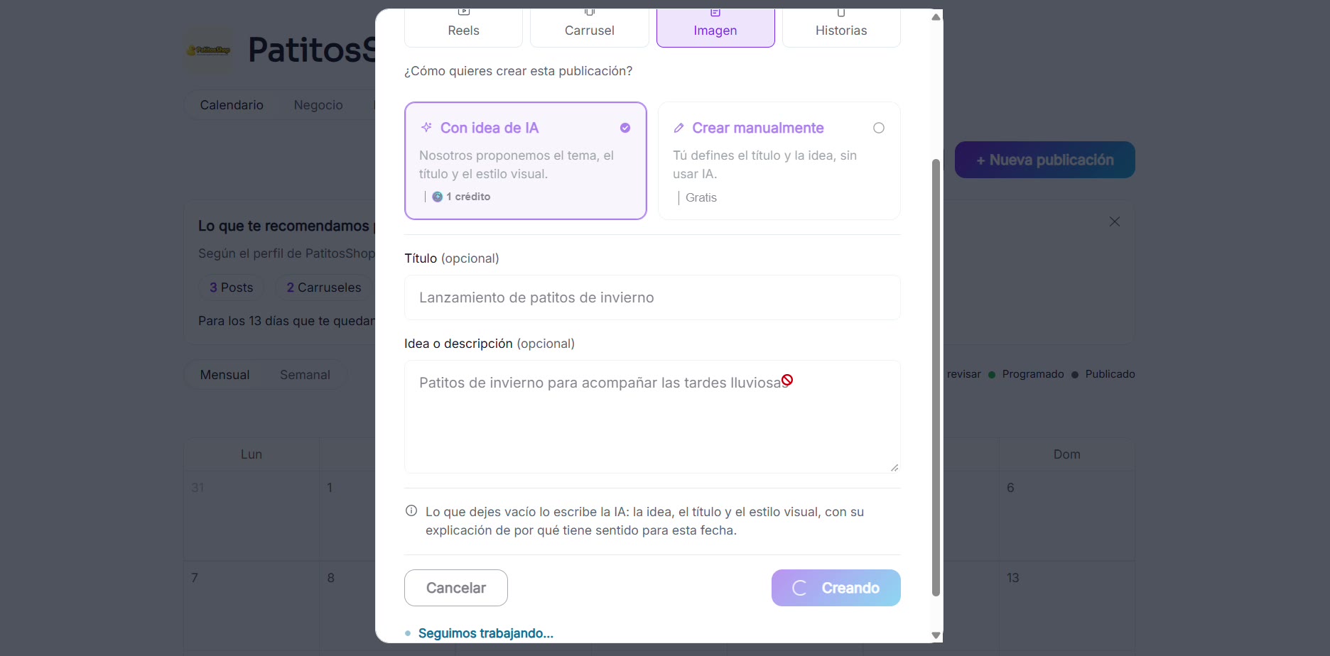 Captura de pantalla — paso 2: Escribe tu idea