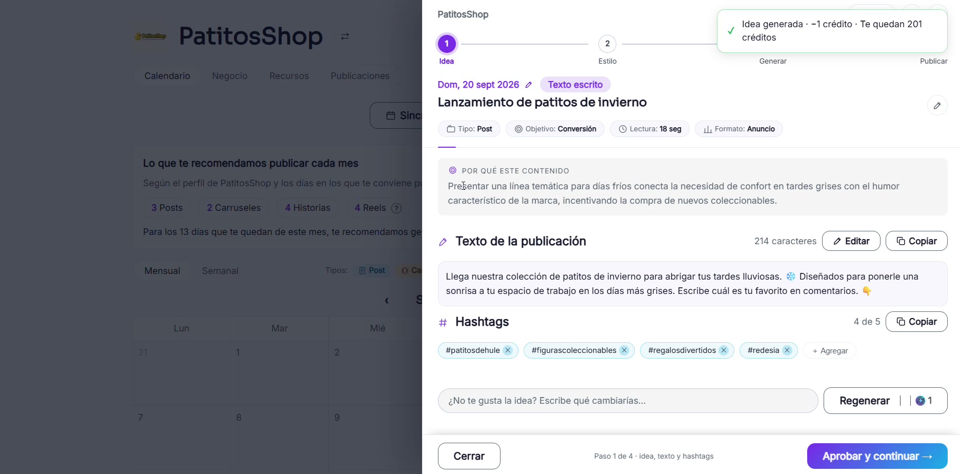 Captura de pantalla — paso 3: RedesIA genera el texto de la publicación