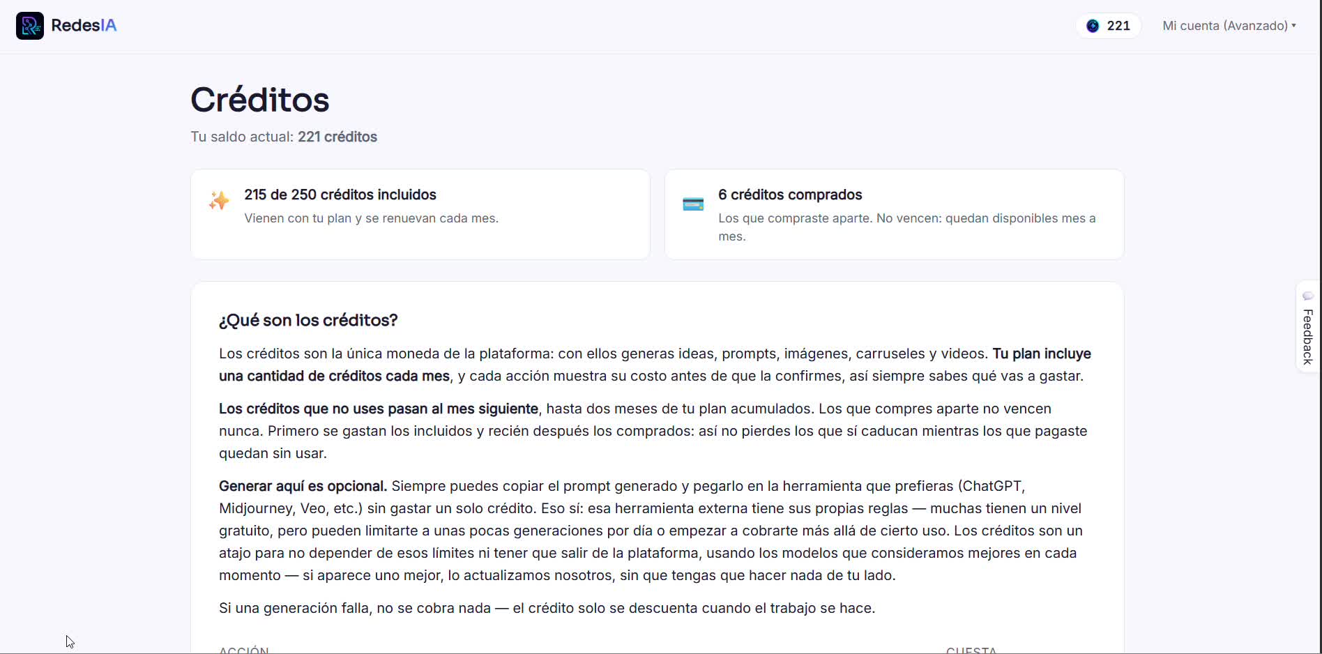 Captura de pantalla — paso 1: Revisa tus créditos disponibles
