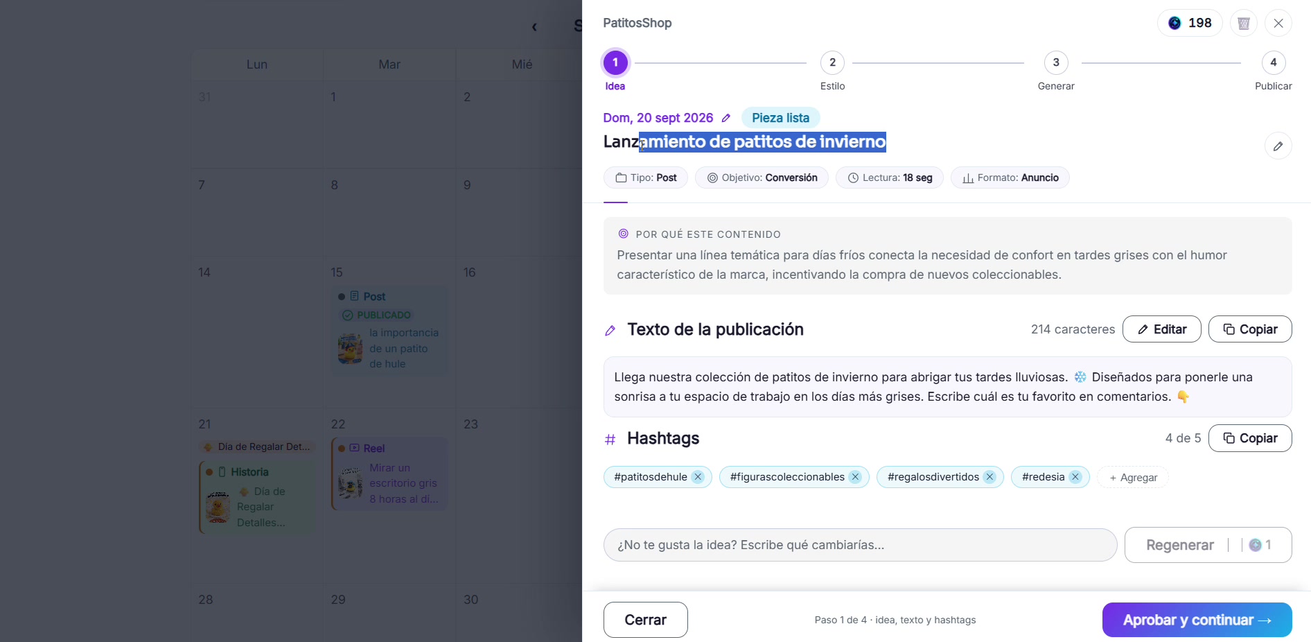 Captura de pantalla — paso 1: Genera contenido en RedesIA a partir de una idea
