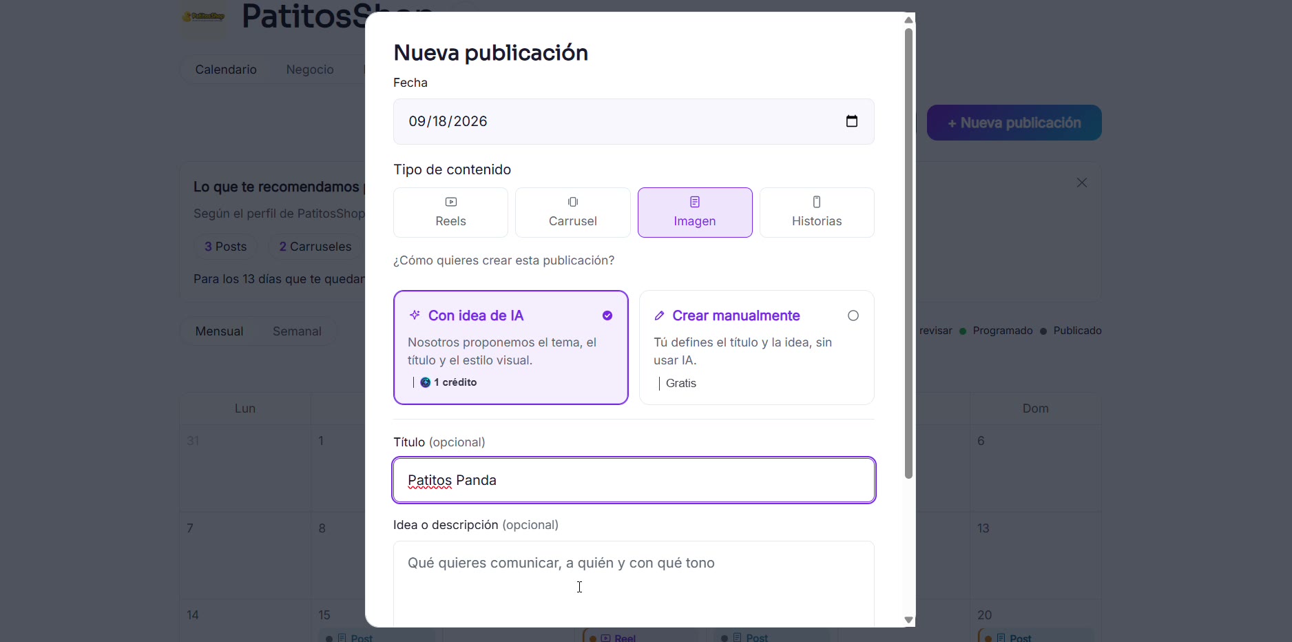 Captura de pantalla — paso 1: Crea una nueva publicación con tu idea