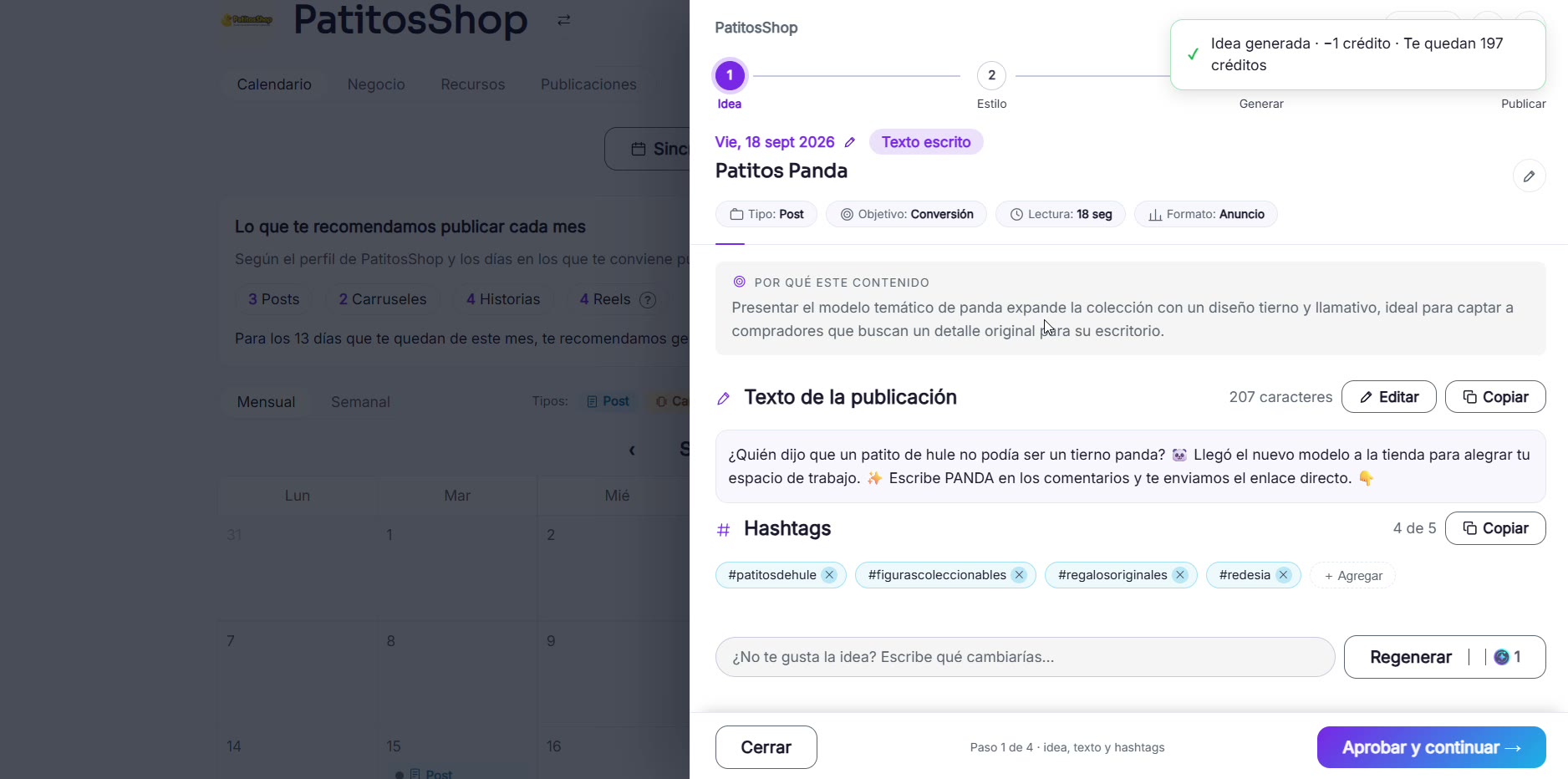 Captura de pantalla — paso 2: RedesIA arma el texto y los hashtags