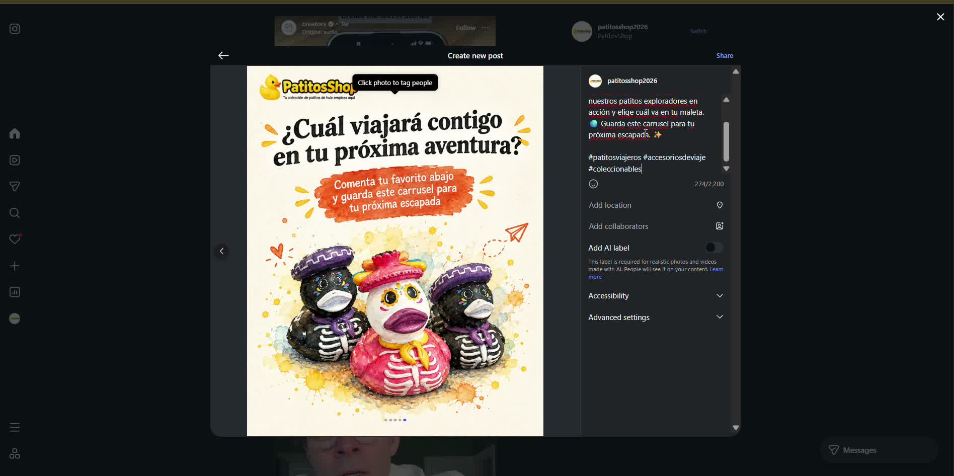 Captura de pantalla — paso 4: Agrega el caption y los hashtags
