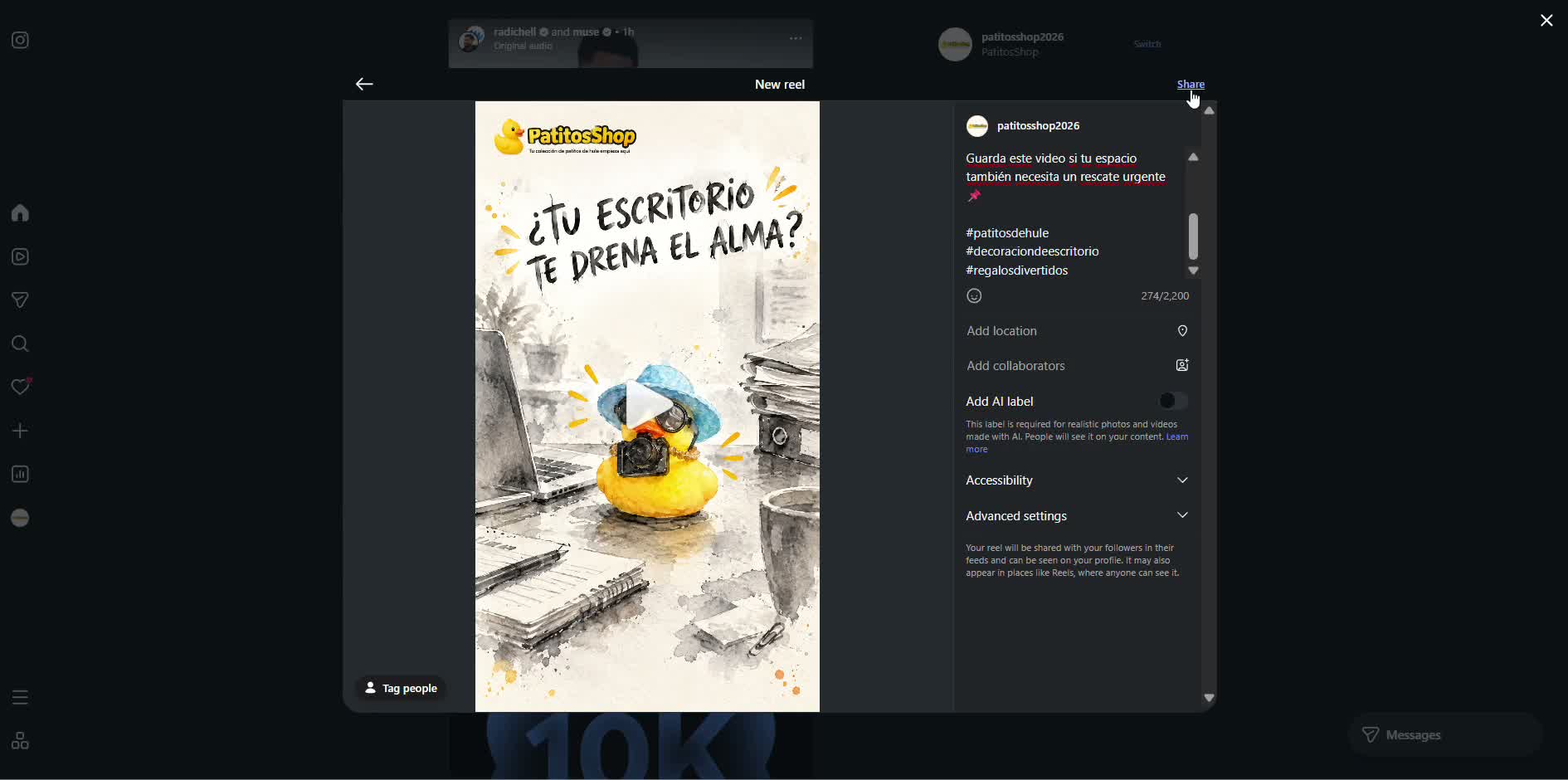 Captura de pantalla — paso 3: Pega el texto y comparte