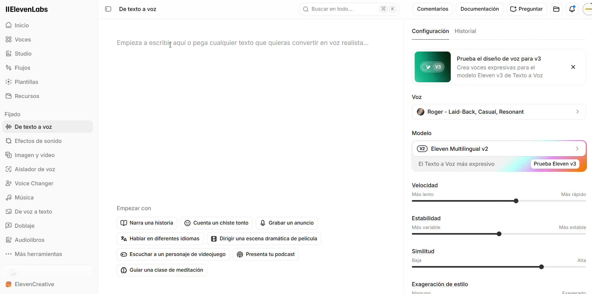 Captura de pantalla — paso 3: Elige la voz y pega el texto