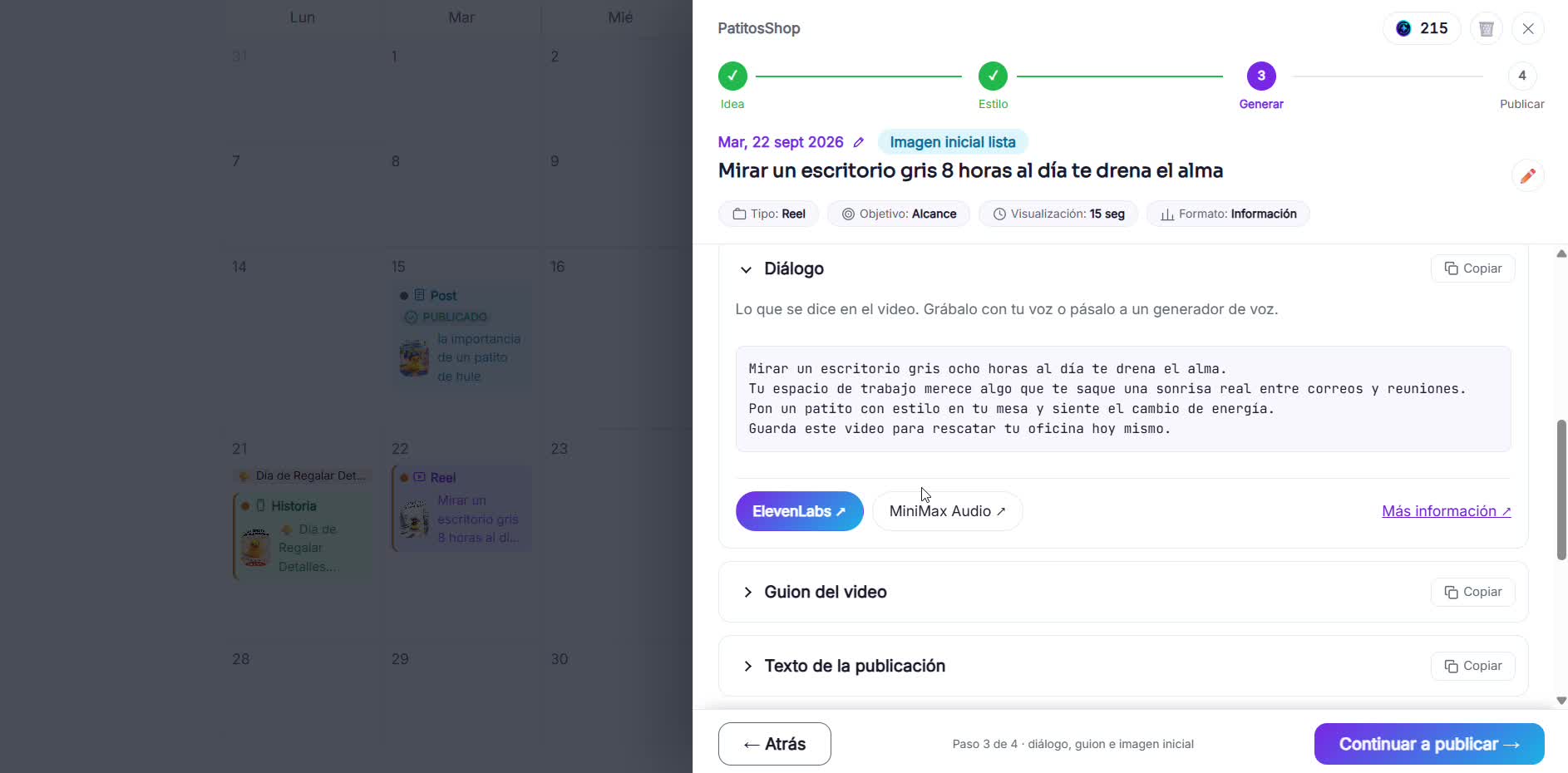 Captura de pantalla — paso 1: Copia el guion, el diálogo y la imagen inicial