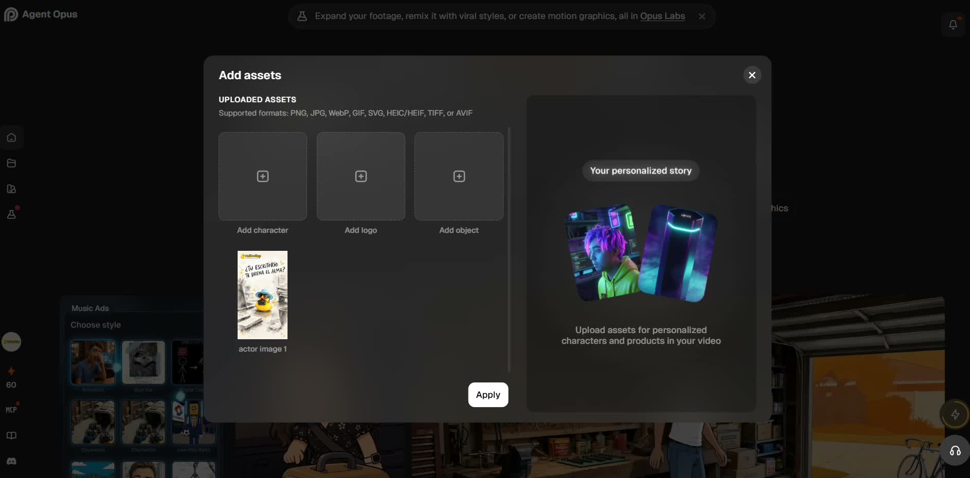 Captura de pantalla — paso 3: Sube tu imagen de referencia y pega el guion