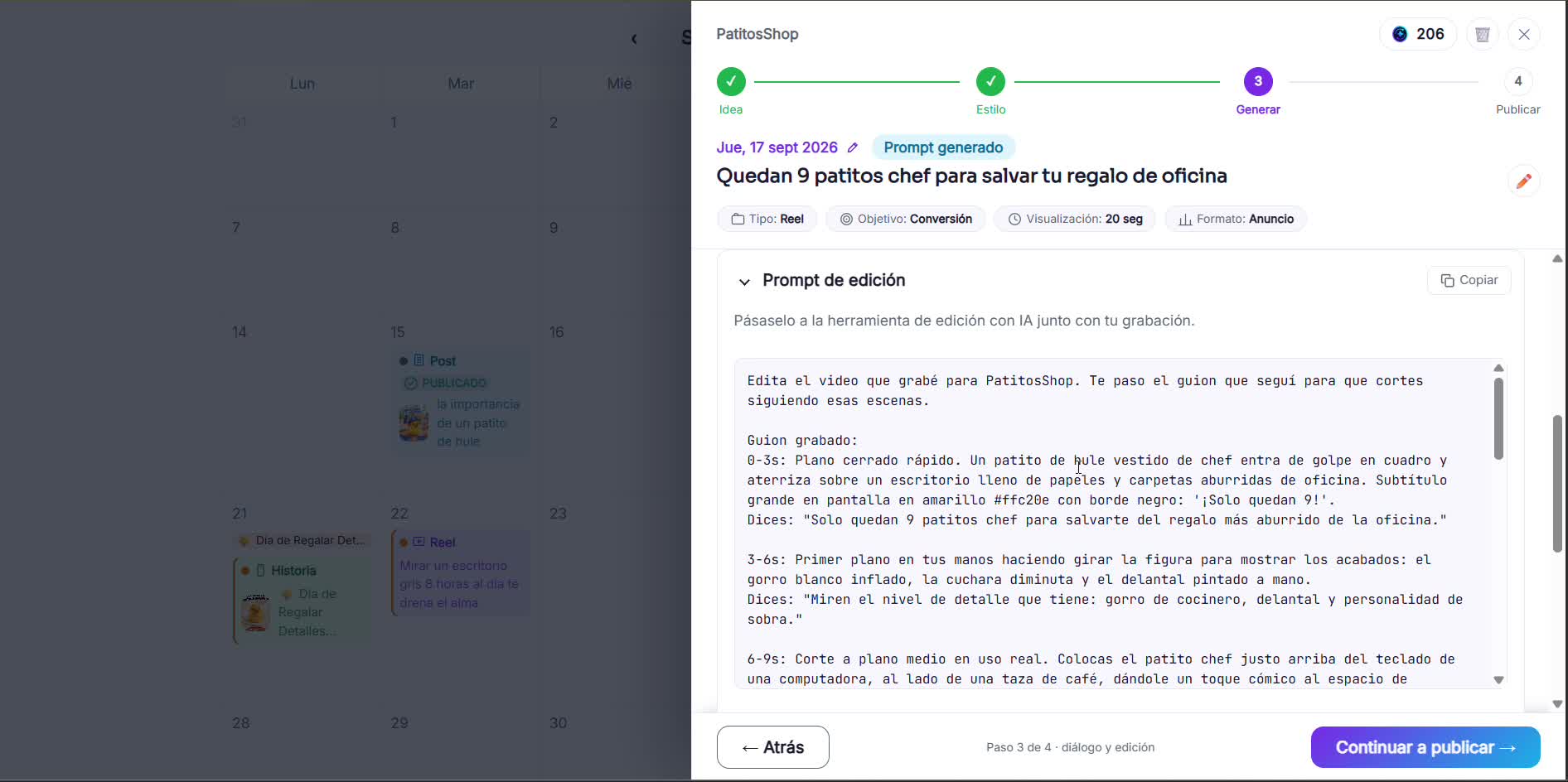Captura de pantalla — paso 2: Copia el guion grabado