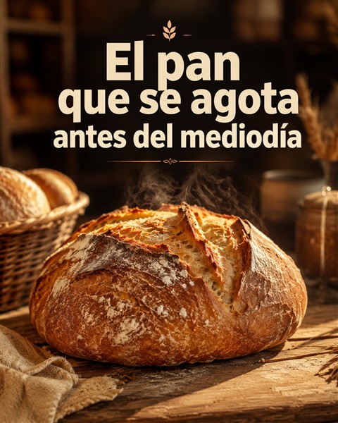 Post generado para una panadería: hogazas de pan artesanal recién horneadas sobre una mesa de madera, con el texto «El pan que se agota antes del mediodía».
