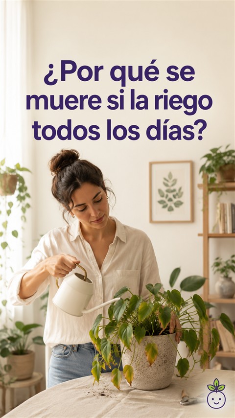 Reel generado para una tienda de plantas: una mujer riega una planta de interior en su casa, con el texto «¿Por qué se muere si la riego todos los días?» sobre la imagen.